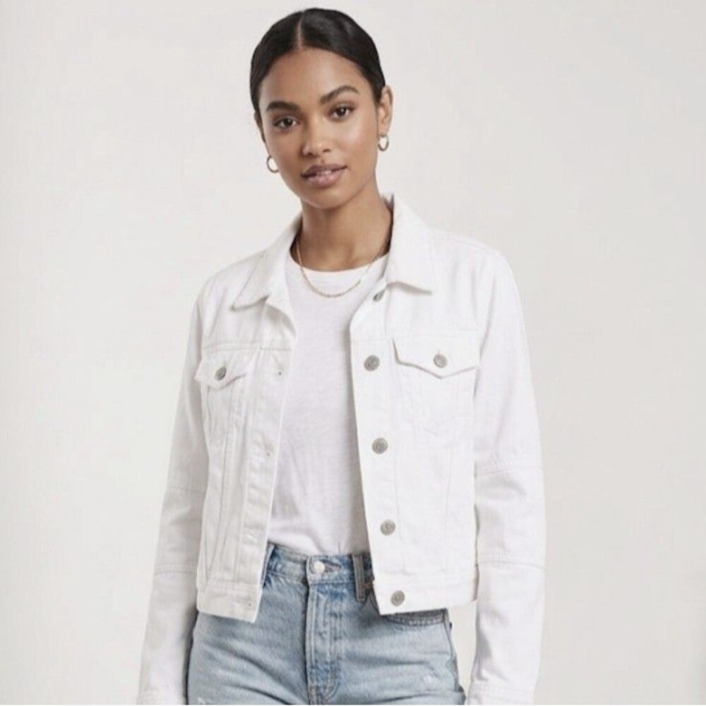 Free People Classic White Denim Trucker Jacket - Size Small